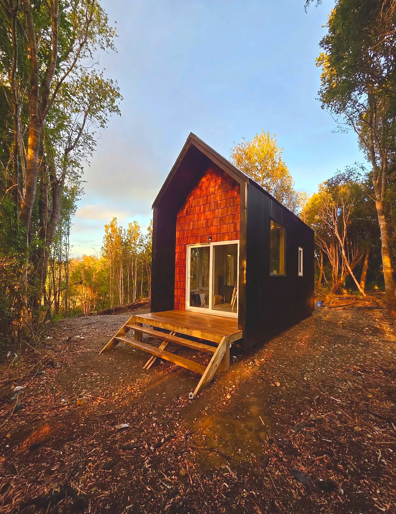 Tiny Belbén, tiny house Modus Patagonia en Chiloé, vista general entre el bosque al atardecer